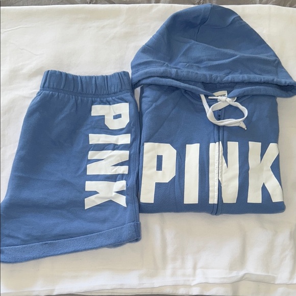PINK Victoria's Secret Pants - Blue Hoodie and Shorts Set with White Logo